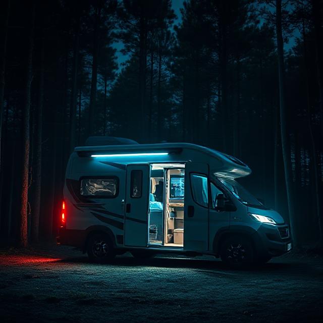 کمپر در جنگل شب