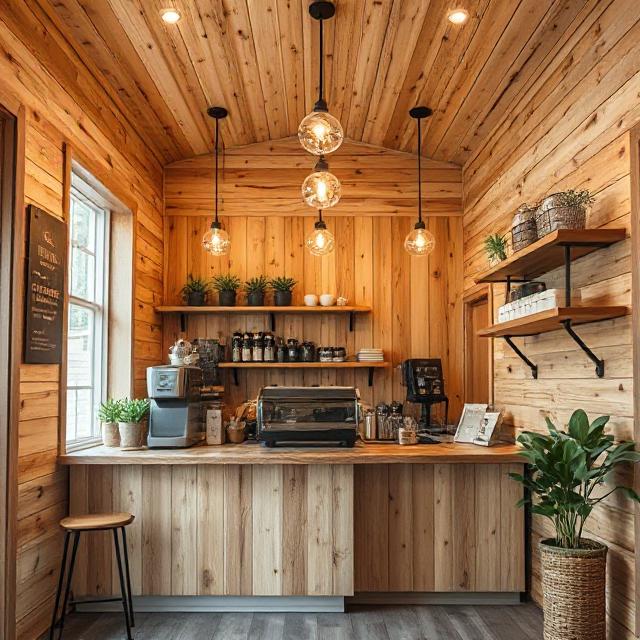 دکوراسیون چوبی در کافه پیش‌ساخته کوچک با نور آویز.