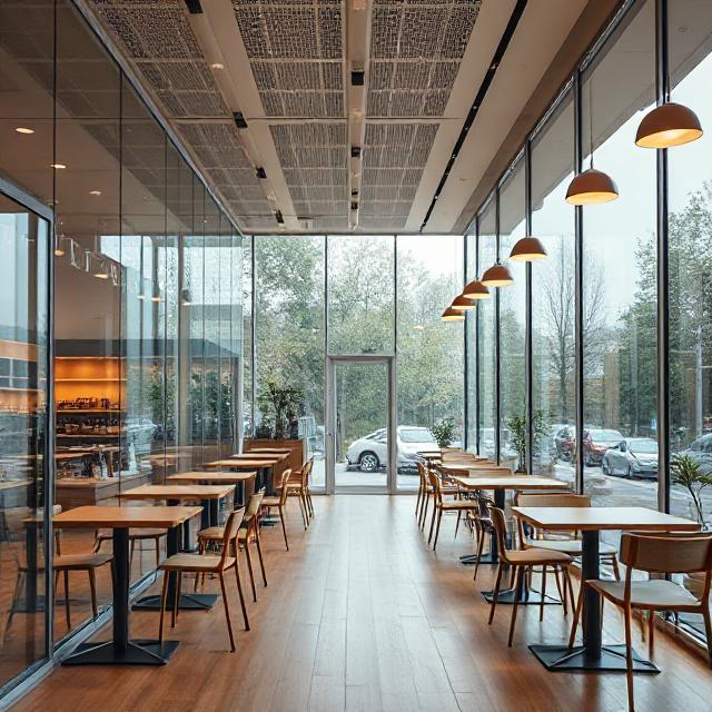 طراحی داخلی کافه پیش‌ساخته مدرن با دیوارهای شیشه‌ای و نور گرم.