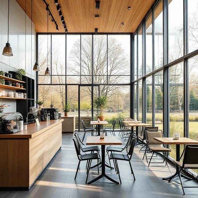 کافه پیش‌ساخته کوچک با دیوارهای شیشه‌ای برای نور طبیعی و حس وسعت