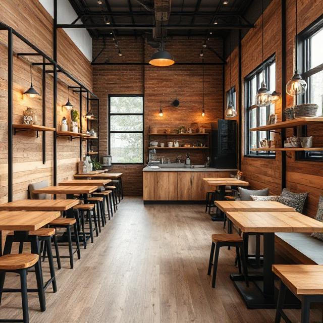 کافه کوچک پیش‌ساخته با طراحی مدرن صنعتی، ترکیب چوب طبیعی و فلز مشکی