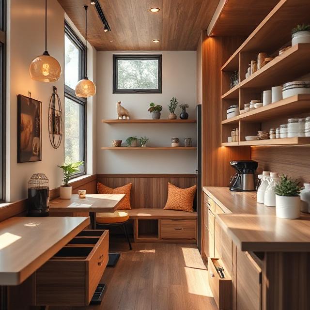 طراحی داخلی کافه کوچک پیش‌ساخته با استفاده هوشمند از فضاهای ذخیره‌سازی پنهان