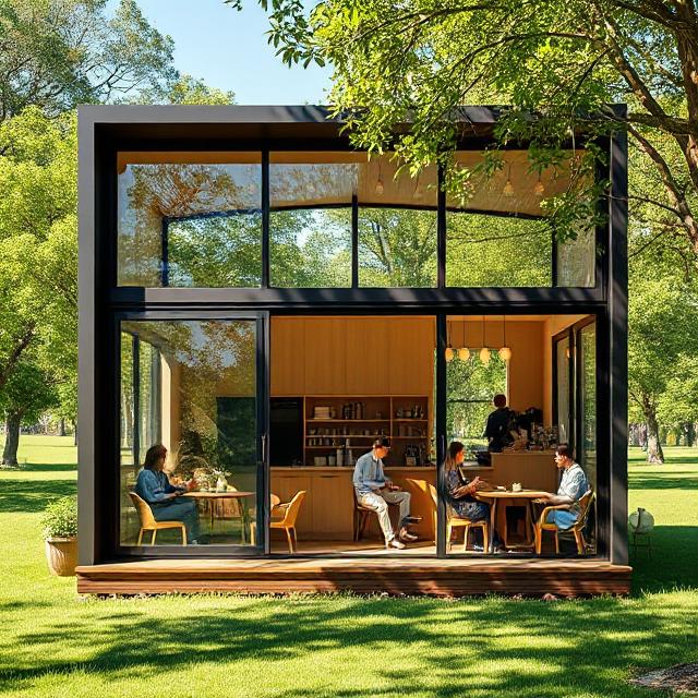 کافه سیار پیش‌ساخته با فضای باز و بسته، پنجره‌های متحرک و کانتر بیرونی در پارک.