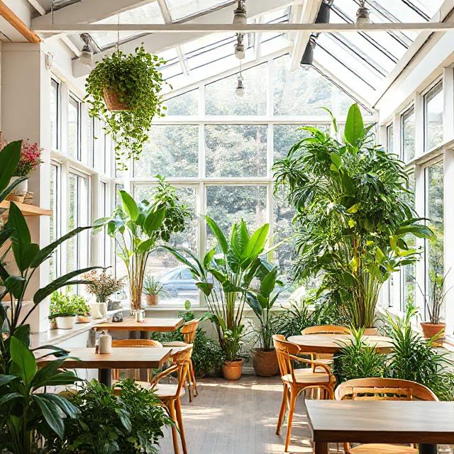 طراحی داخلی سبز در کافه پیش‌ساخته با گیاهان طبیعی.