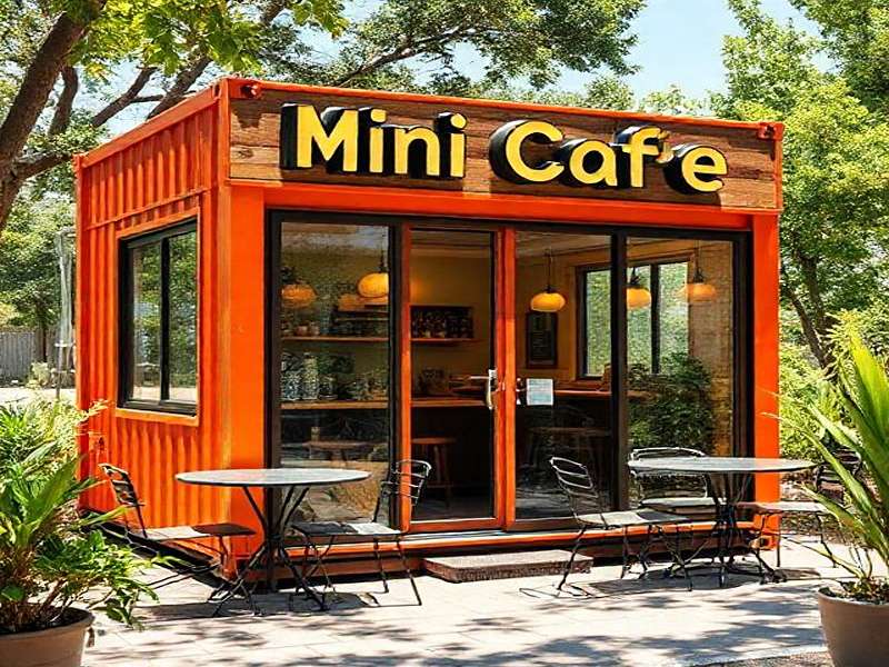 "مینی کافه پیش‌ساخته مدرن با میز و صندلی بیرونی"