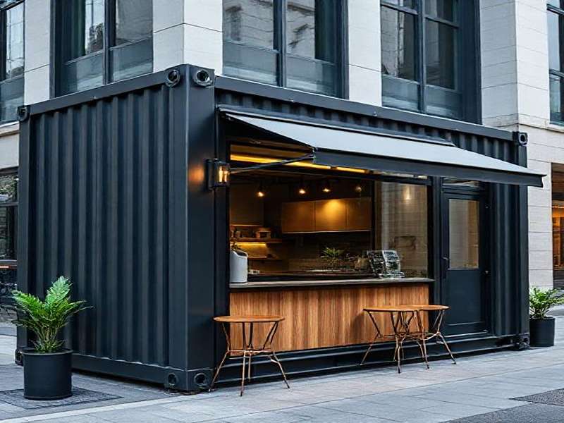 نمای بیرونی یک کافه کانتینری ۲×۲ متر، مدرن و مینیمال با پنجره شیشه‌ای بزرگ و پیشخوان کوچک