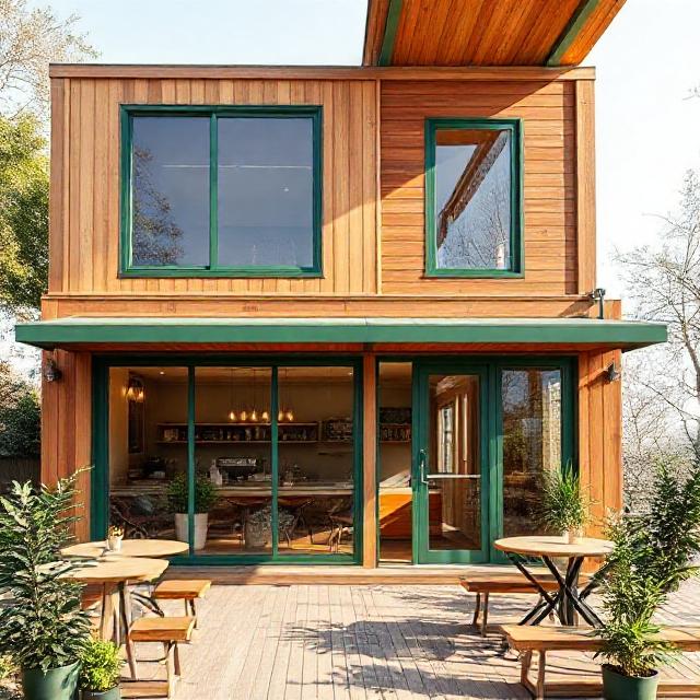 کافه پیش‌ساخته پایدار با چوب بازیافتی و نماهای سبز