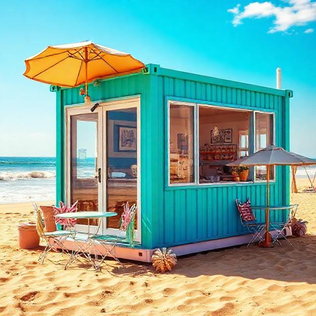 "مینی کافه پیش‌ساخته مدرن در ساحل با میز و صندلی بیرونی"