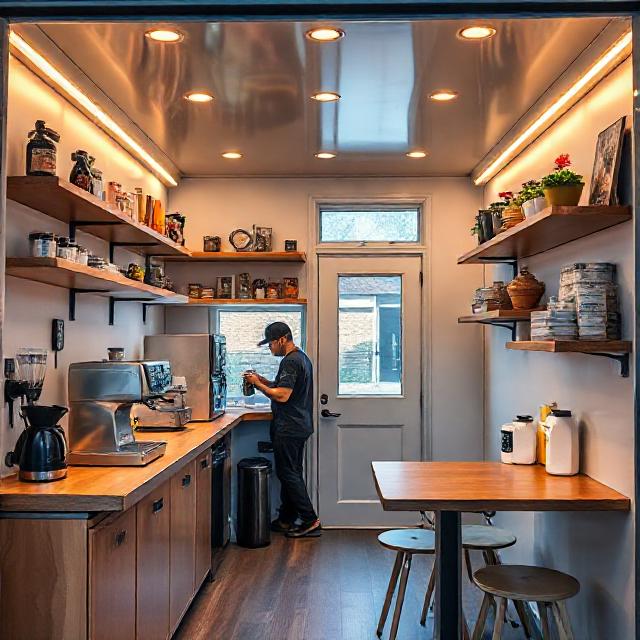 داخل کافه کانتینری ۲×۲ متر با اسپرسوساز کوچک، آسیاب قهوه و تجهیزات دم‌کردن چای و دمنوش