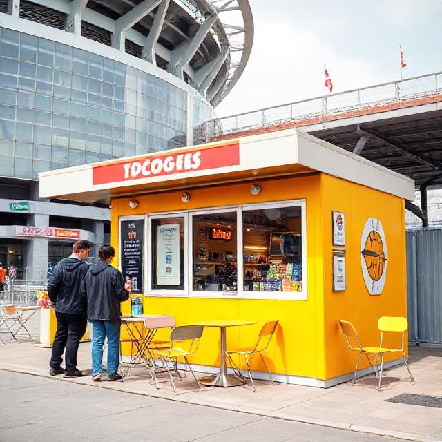 "مینی کافه پیش‌ساخته جلوی ورزشگاه با فضای پرانرژی و شلوغ"