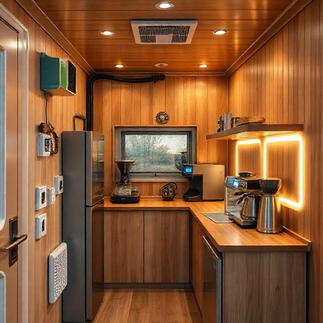 داخل کافه کانتینری ۲×۲ متر با سیستم برق‌رسانی ایمن، UPS کوچک و چراغ‌های LED قابل تنظیم روی پیشخوان و نور محیطی