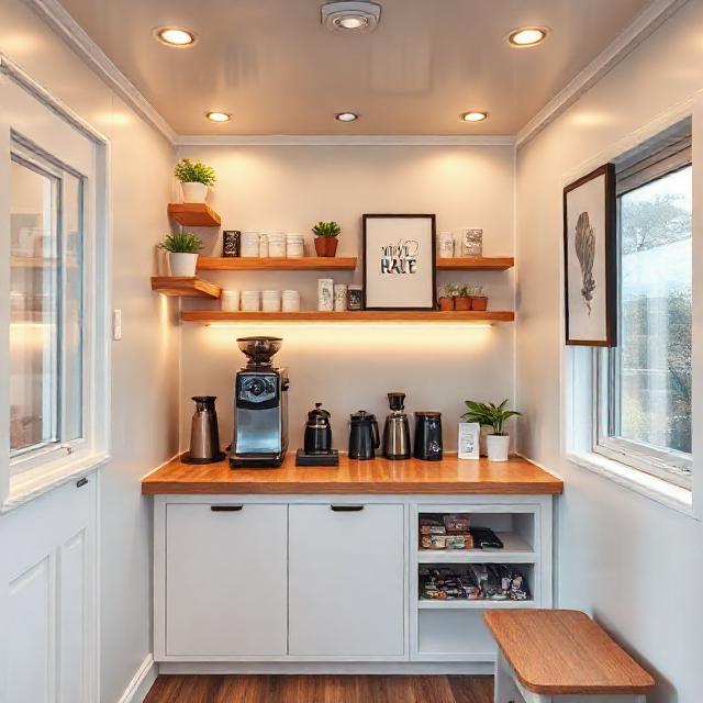 داخل کافه کانتینری ۲×۲ متر با پیشخوان چندمنظوره، قفسه‌های دیواری و زیر پیشخوان و دکور مینیمال