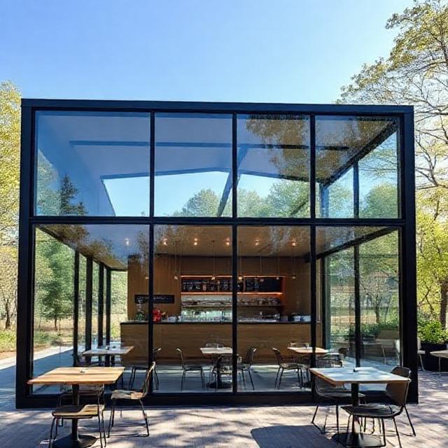 کافه پیش‌ساخته مدرن با شیشه‌های سکوریت تمام‌قد