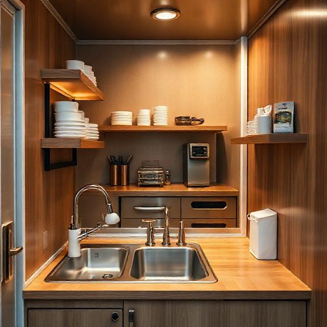 داخل کافه کانتینری ۲×۲ متر با سینک ظرفشویی کوچک، سینک دستشویی کارکنان و تجهیزات بهداشتی جمع‌وجور