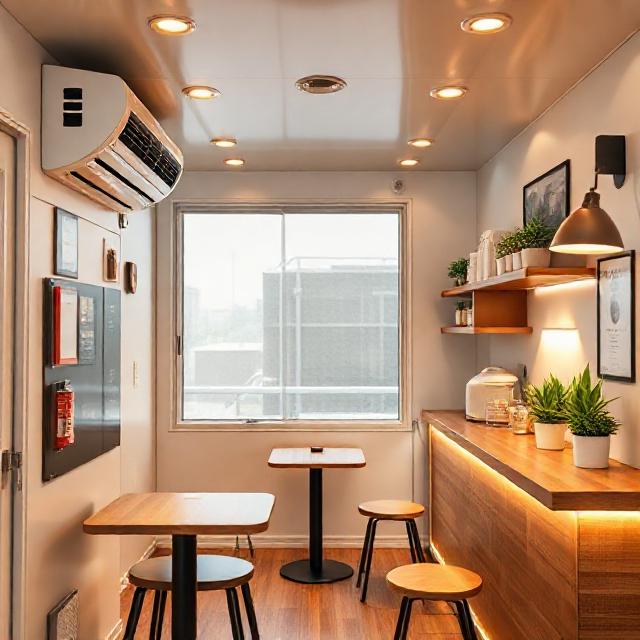 داخل کافه کانتینری ۲×۲ متر با کولر کوچک، هود تهویه، میز و صندلی‌های جمع‌شونده، سیستم صوتی و تجهیزات ایمنی