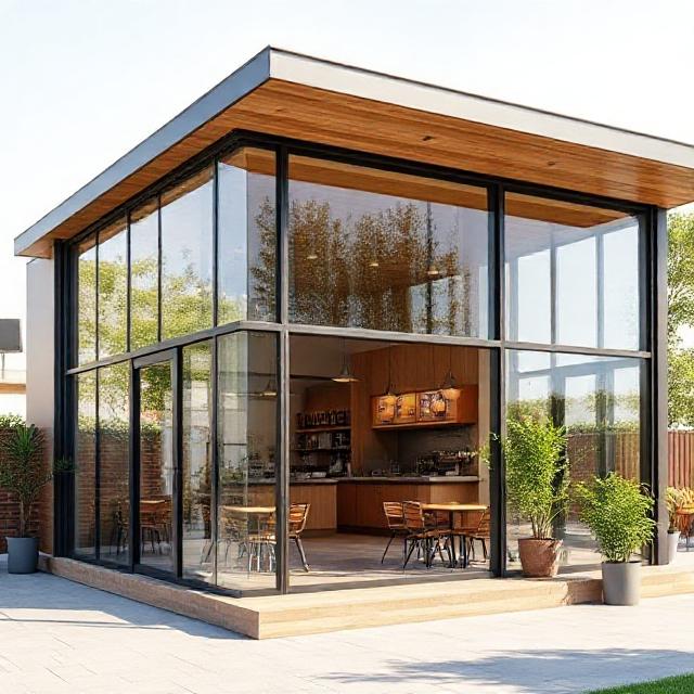 کافه پیش‌ساخته مدولار با طراحی مدرن و شیشه‌های بزرگ