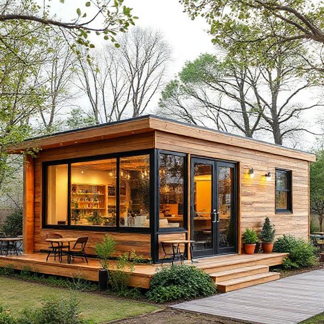 کافه پیش‌ساخته مدرن با مصالح سبز و بازیافتی