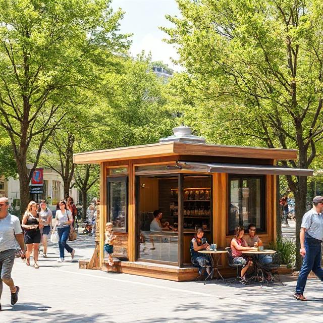 "مینی کافه پیش‌ساخته در میدان یا پارک شهری با فضای سبز و جذاب"