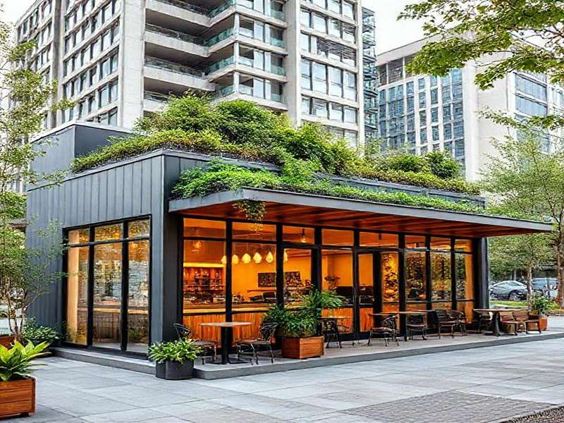 کافه پیش‌ساخته تک‌طبقه با طراحی مدرن و مصالح ترکیبی چوب، فلز و شیشه، در فضای باز شهری با نور طبیعی و فضای دنج.