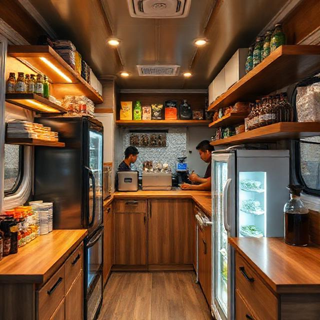 داخل کافه کانتینری ۲×۲ متر با یخچال ایستاده کوچک، یخچال زیر پیشخوان و فریزر جمع‌وجور برای نگهداری مواد غذایی و نوشیدنی